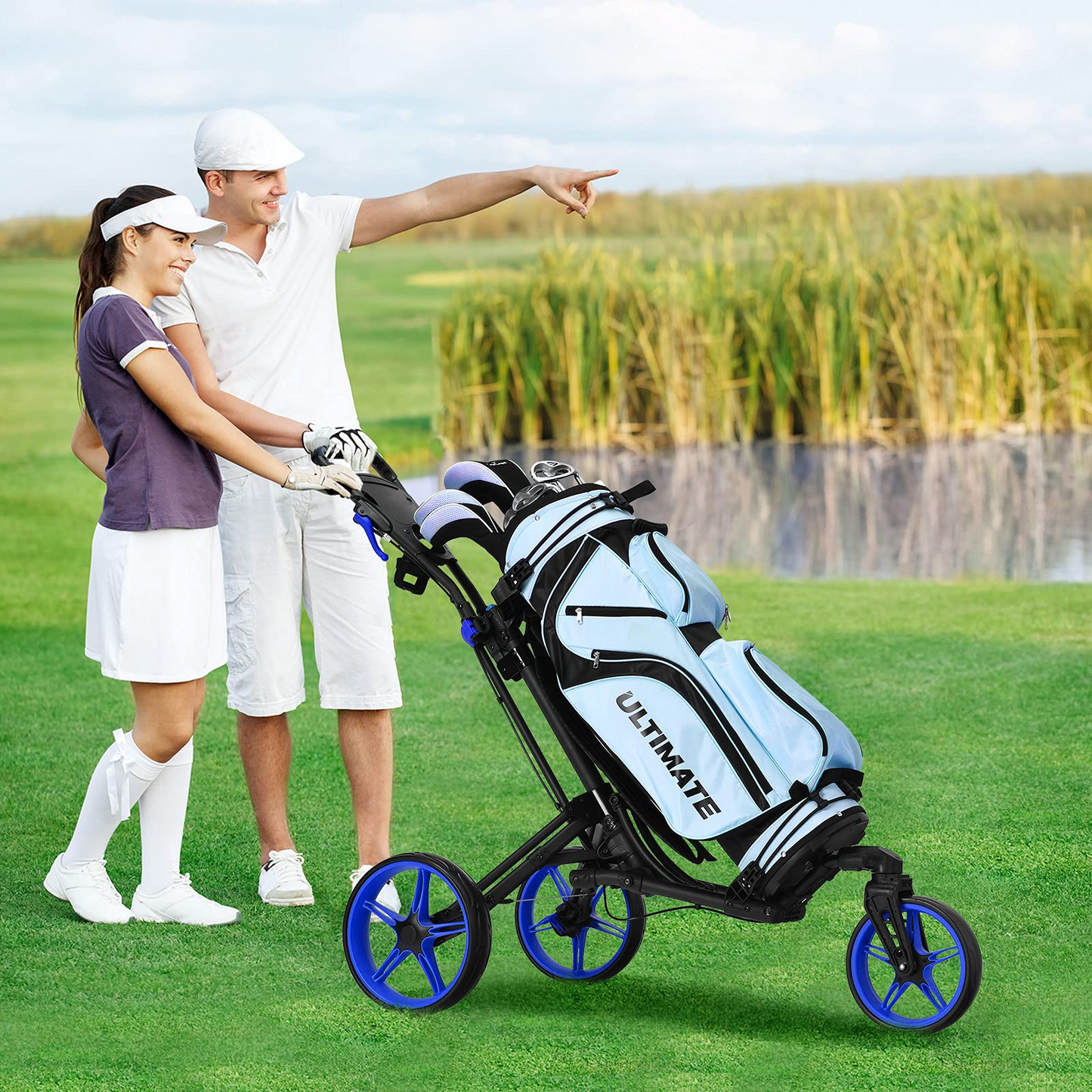 Tangkula Golf Push Cart with 360 Rotating Front Wheel, Aluminum Collapsible 3 Wheels Golf Pull Cart, Golf Trolley w/Elastic Strap