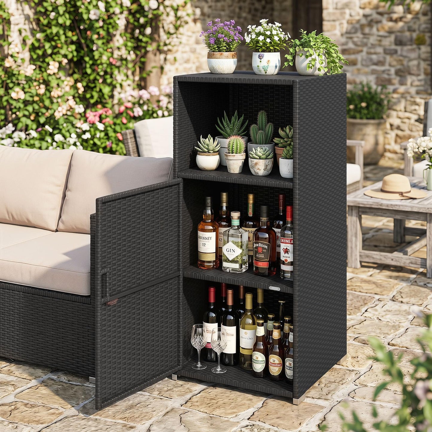 Tangkula Rattan Outdoor Storage Cabinet with 3 Storage Shelves