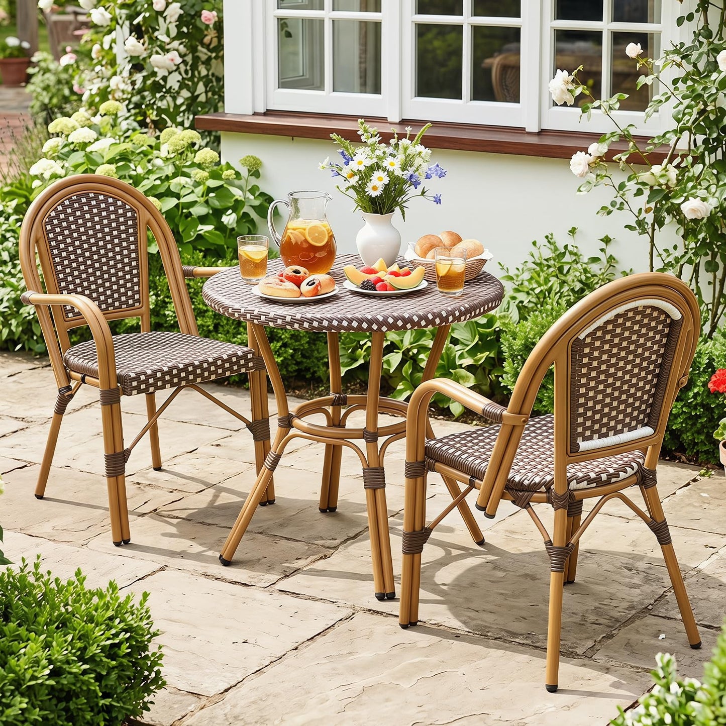Tangkula Outdoor French Bistro Chairs Hand-Woven PE Wicker Patio Chairs(2/4)