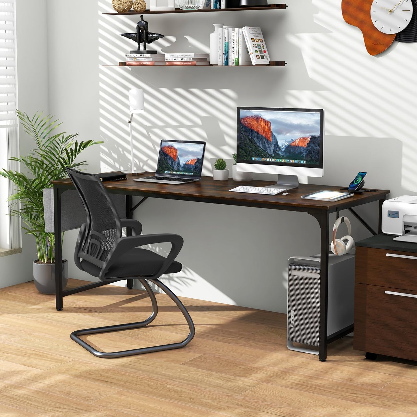 Tangkula 60” Large Computer Desk with Charging Station, Modern Simple Study Writing Desk with Storage Bag