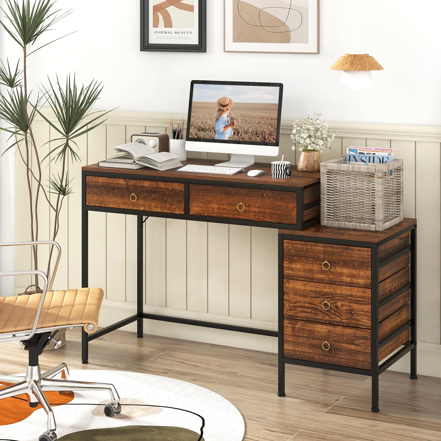 Tangkula Bureau d'ordinateur 130 cm avec 5 tiroirs, support pour imprimante, cadre en métal, table d'étude et d'écriture
