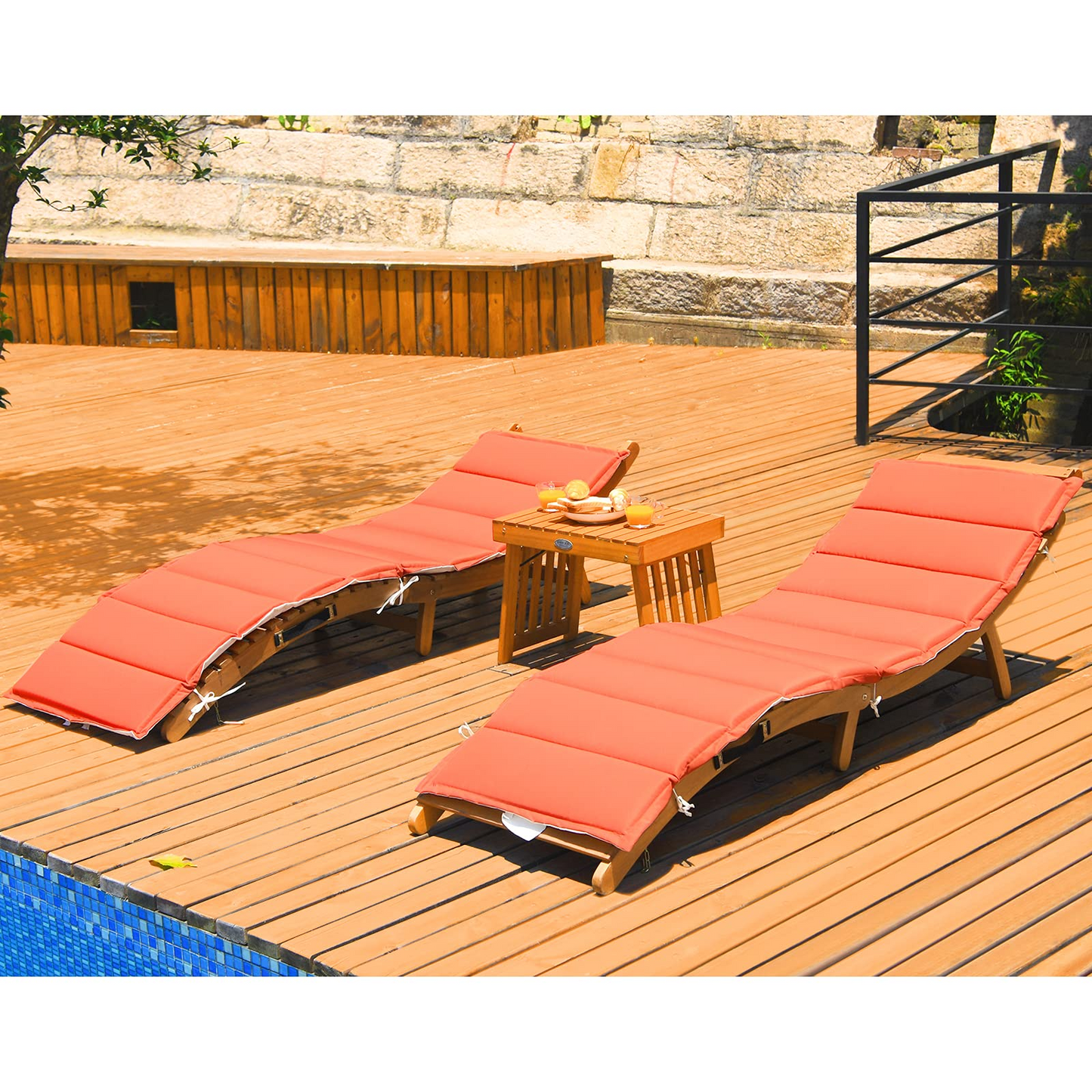 Tangkula 3 Pcs Folding Patio Solid Eucalyptus Wood Lounge Chair Set (Red & White)