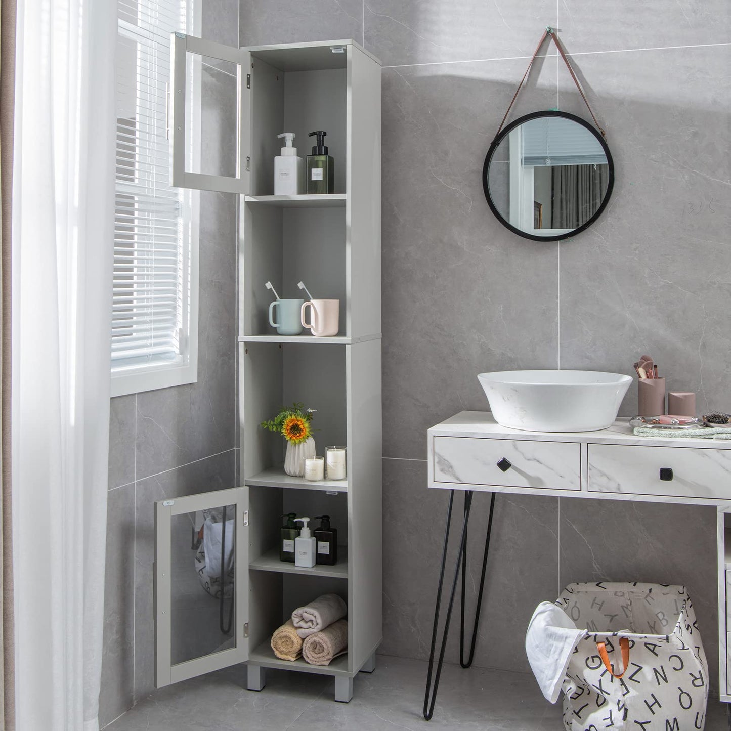 Tangkula Tall Bathroom Cabinet, Home Bedroom Living Room Wood Linen Storage Cabinet Free Standing