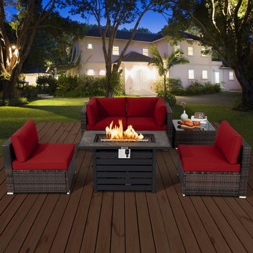 Tangkula 6-Piece Outdoor Wicker Conversation Set with 42 Inches Propane Fire Pit Table
