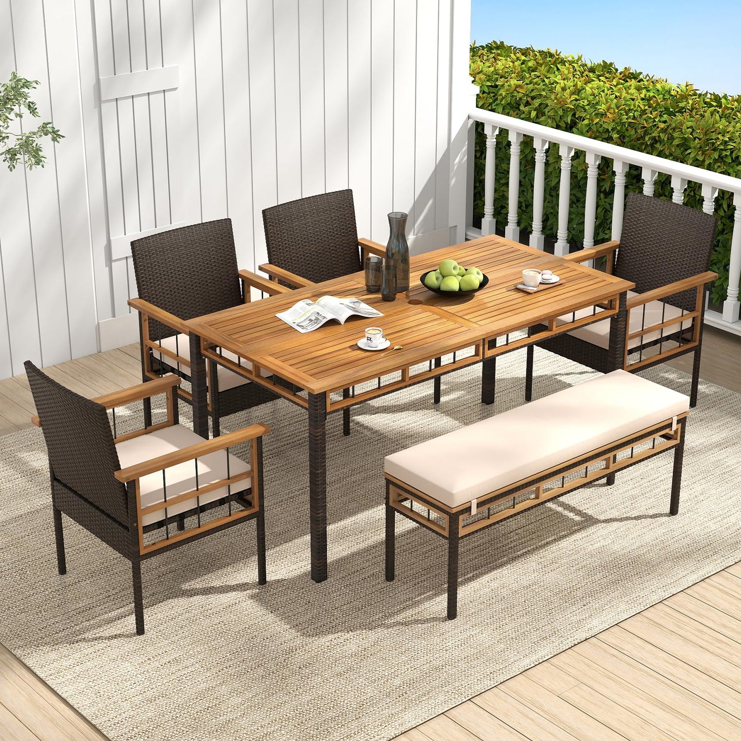 Tangkula Ensemble de 6 meubles de salle à manger d'extérieur avec trou pour parasol de 5 cm, banc sans dossier rembourré et 4 fauteuils