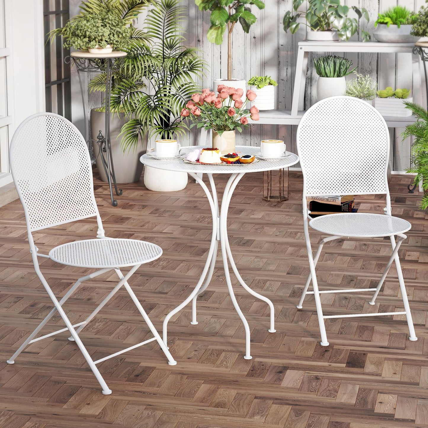 Tangkula 3 Pieces Patio Bistro Set, Metal Table and Folding Chair Set for 2