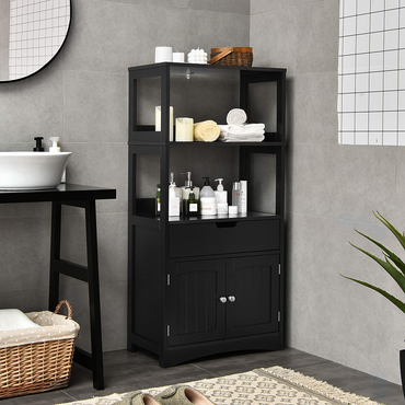 Bathroom Floor Cabinet with Drawer, 2 Open Shelves and Door Cupboard