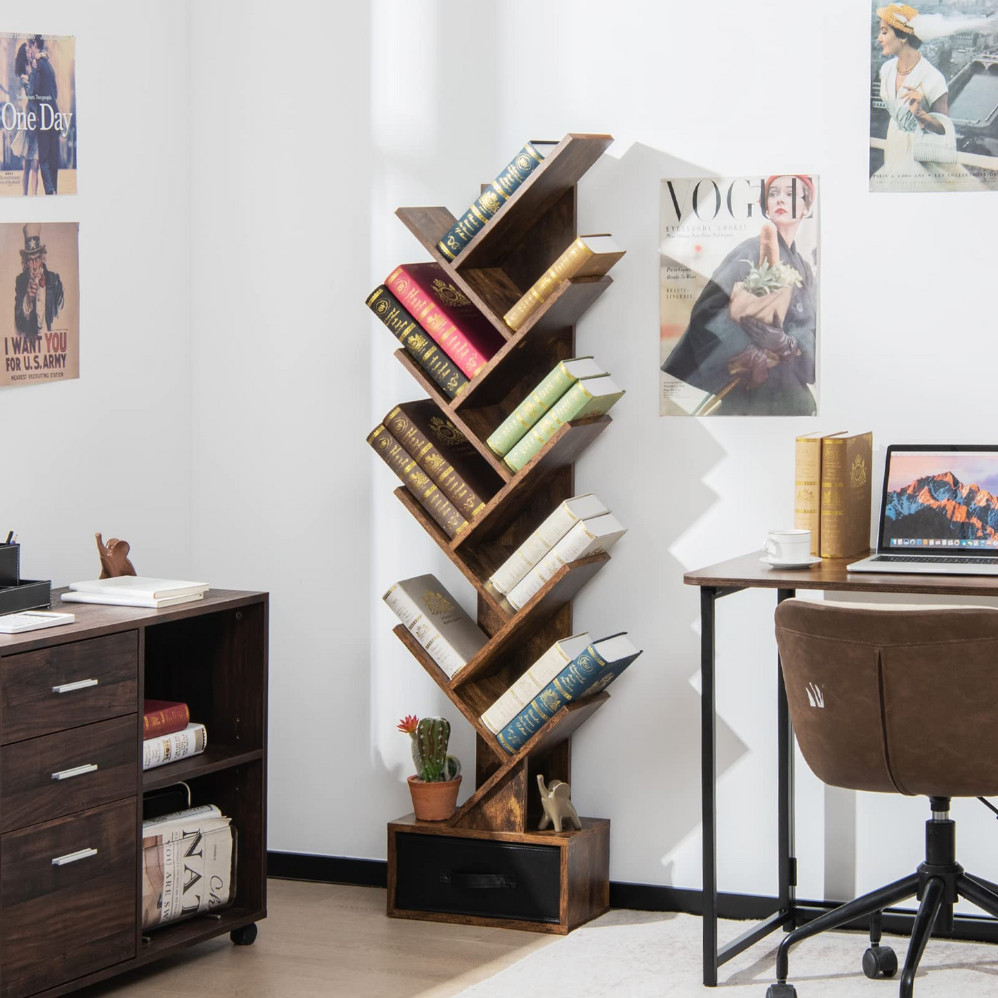 Tangkula 10 Tier Tree Bookshelf with Drawer