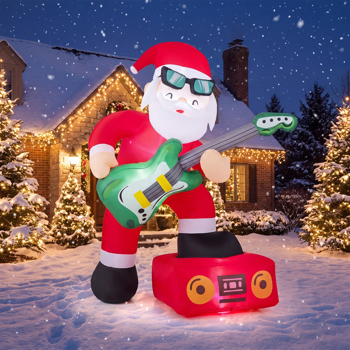 Tangkula 8 FT Christmas Inflatable Santa Claus Plays Guitar Decoration