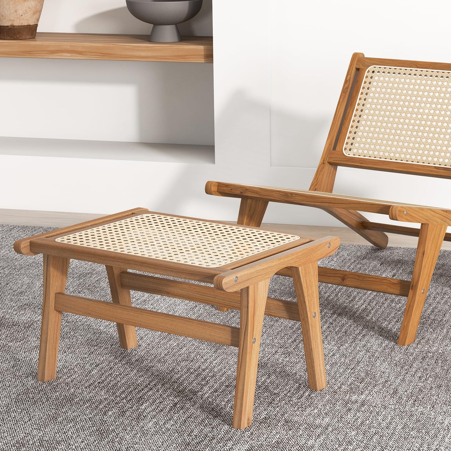 Tangkula Ottoman Footstool, Natural Teak Wooden Foot Rest with Handwoven Rattan