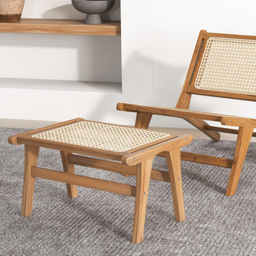 Tangkula Ottoman Footstool, Natural Teak Wooden Foot Rest with Handwoven Rattan