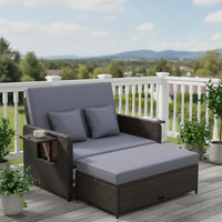 Outdoor PE Wicker Loveseat with Storage Ottoman & Folding Side Tray - Grey
