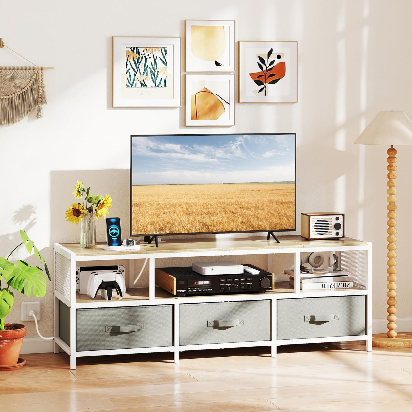 Tangkula Farmhouse TV Stand for TVs up to 65" 3-Tier Entertain Center