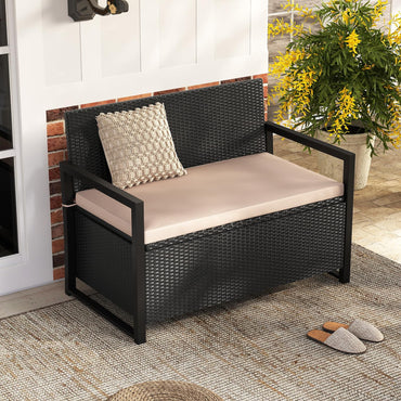 Tangkula 40 Gallon Patio Wicker Storage Bench with Cushion for Backyard