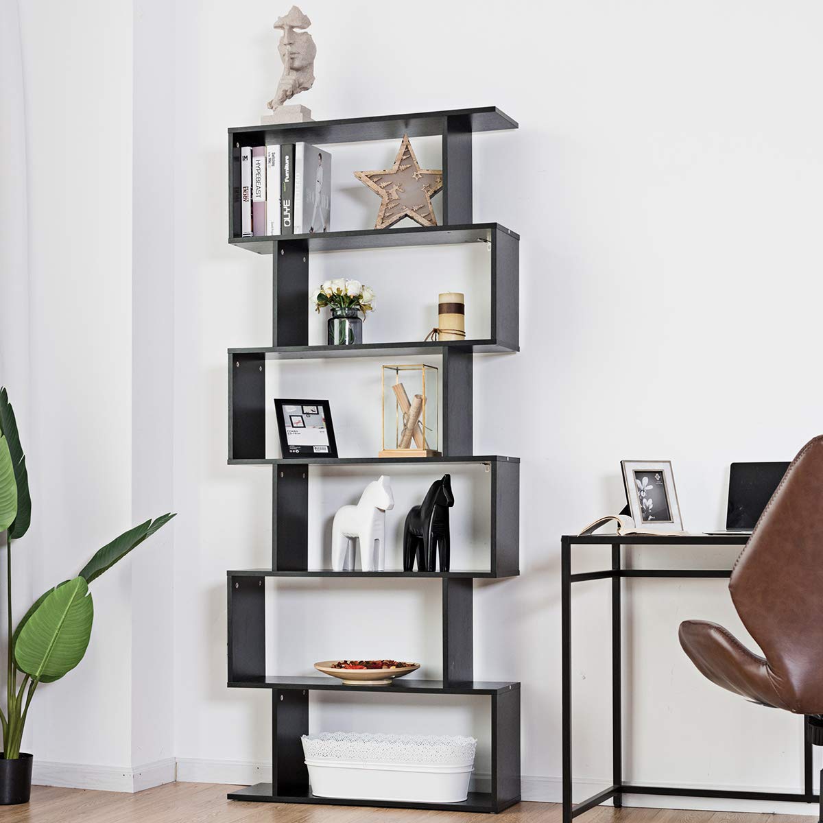6 Shelf Bookcase, Modern S-Shaped Z-Shelf Style Bookshelf