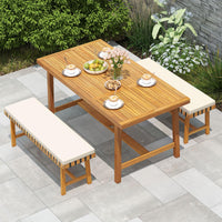 Tangkula 63” Outdoor Acacia Wood Rectangular Table with 1.97” Umbrealla Hole & 2 Cushioned Bench