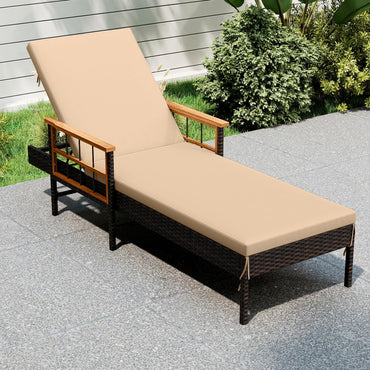 Tangkula Patio Rattan Chaise Lounge with 4-Level Adjustable Backrest & Acacia Wood Armrests