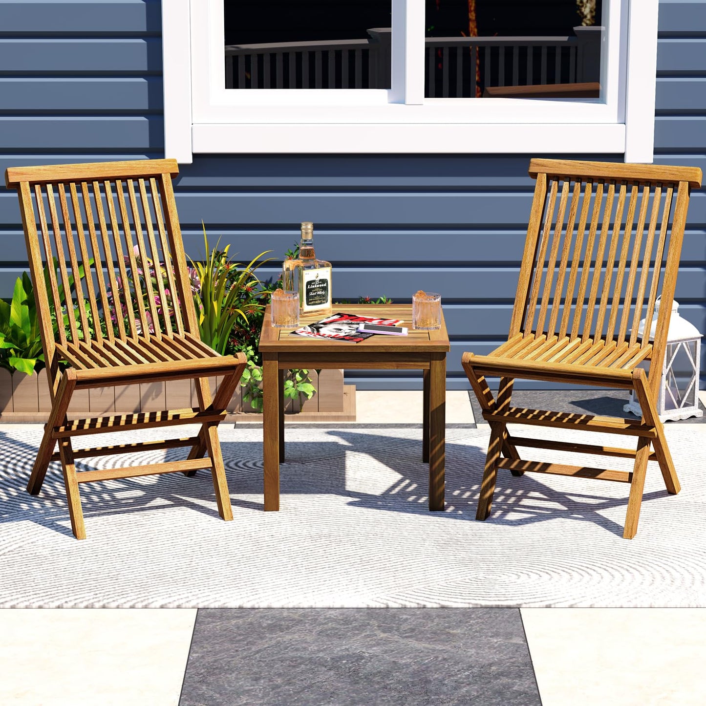 Tangkula Ensemble de bistrot 3 pièces en teck avec 2 chaises pliantes pour extérieur