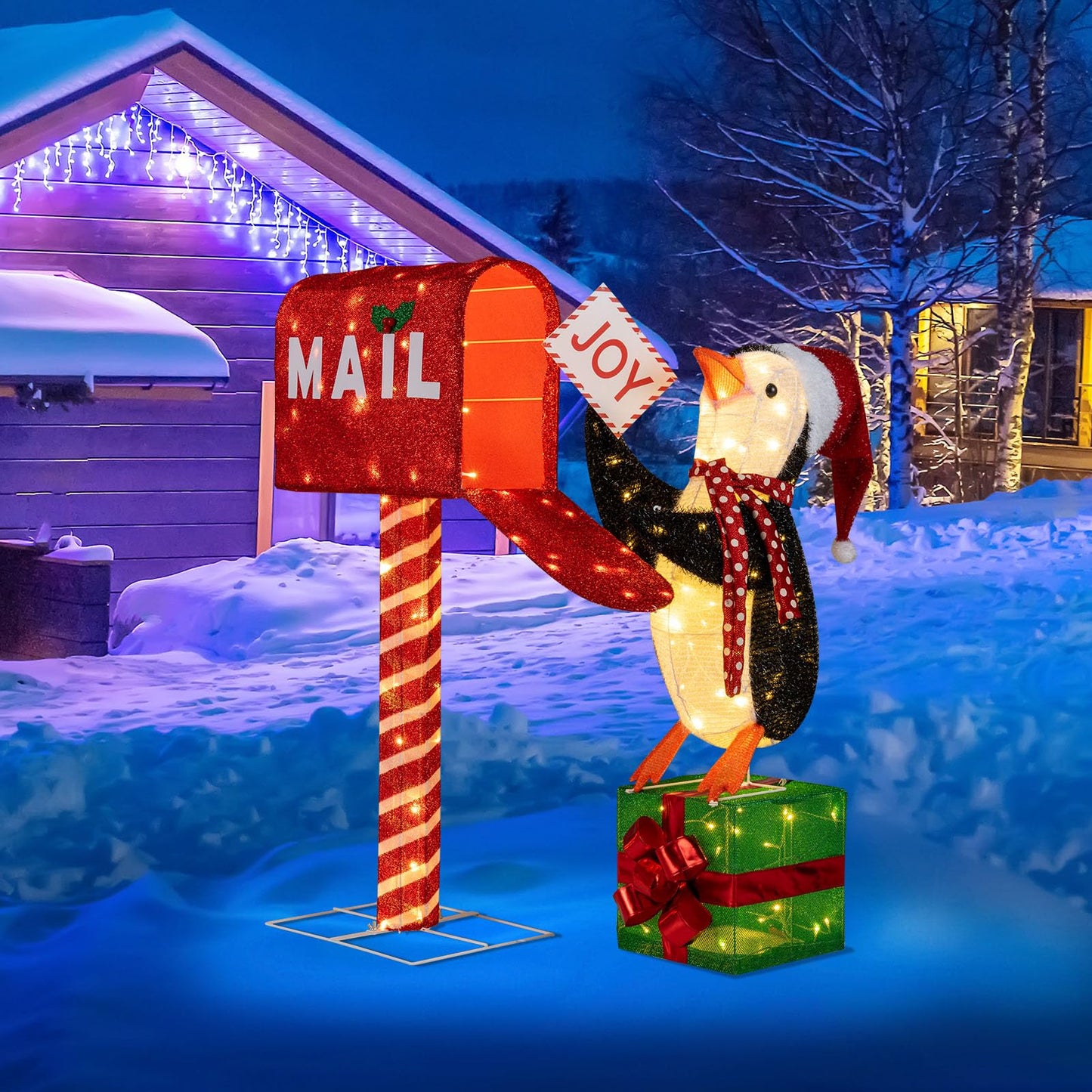 Tangkula Christmas Lighted Mailbox & Penguin for Home Lawn Yard Garden Porch Party Indoor Outdoor