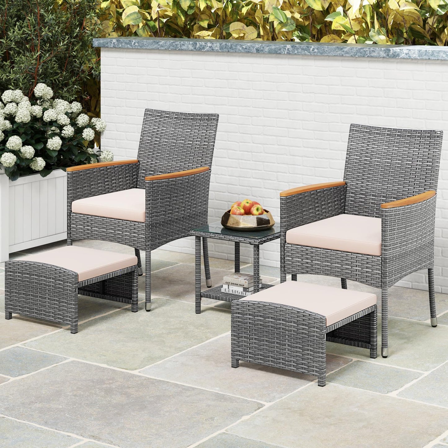 Tangkula 5 Pieces Patio Conversation Set, Outdoor PE Rattan Chairs with Soft Cushions, Ottomans & Tempered Glass Top Table
