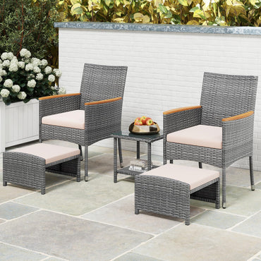Tangkula 5 Pieces Patio Conversation Set, Outdoor PE Rattan Chairs with Soft Cushions, Ottomans & Tempered Glass Top Table