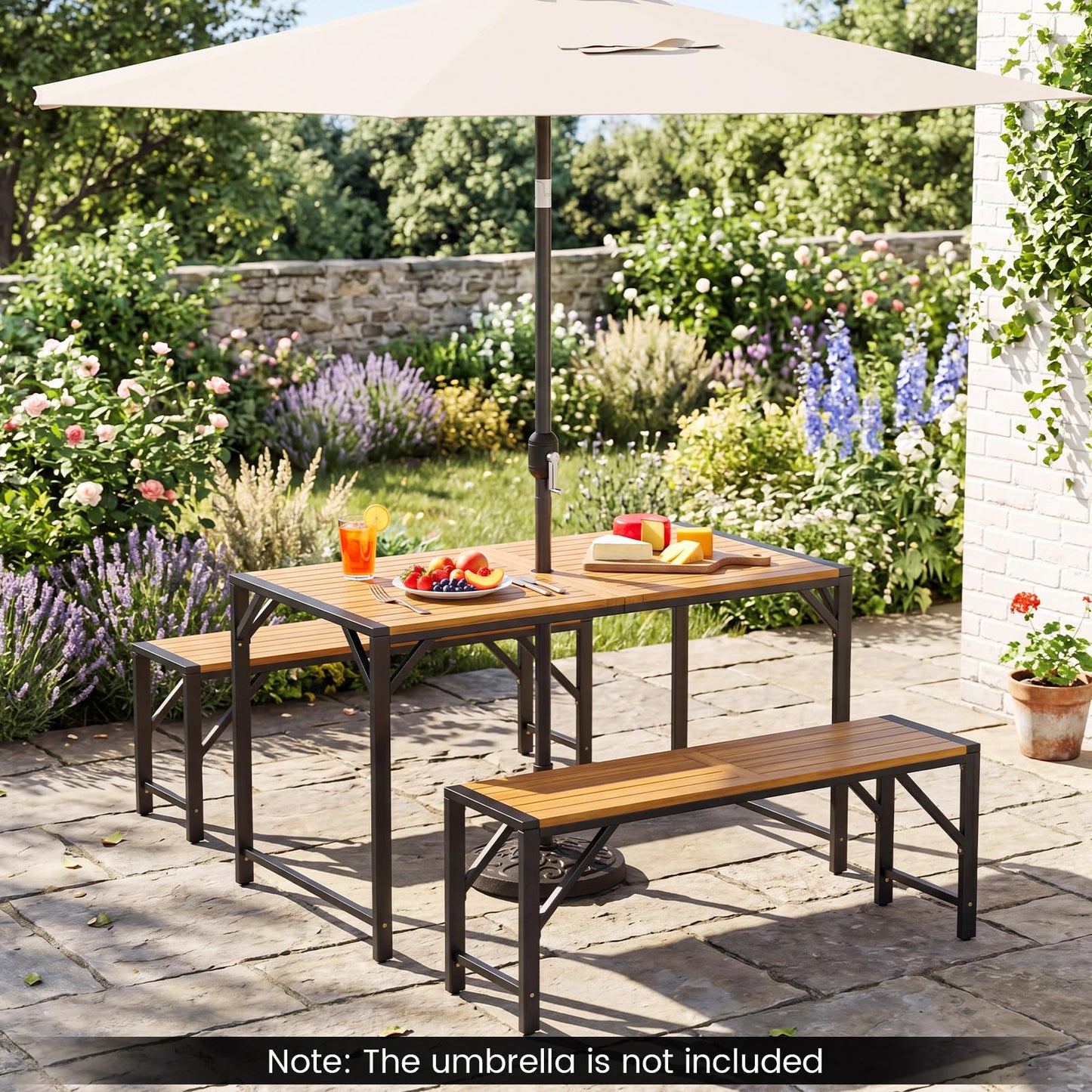 Tangkula Acacia Wood Outdoor Dining Table with 1.97” Umbrella Hole