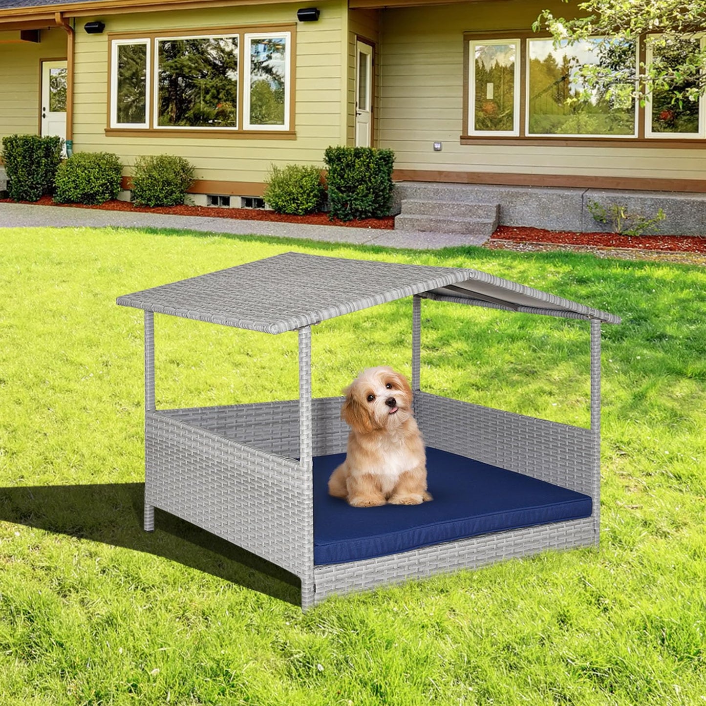 Tangkula Wicker Dog House, Indoor Outdoor Raised Rattan Dog Bed