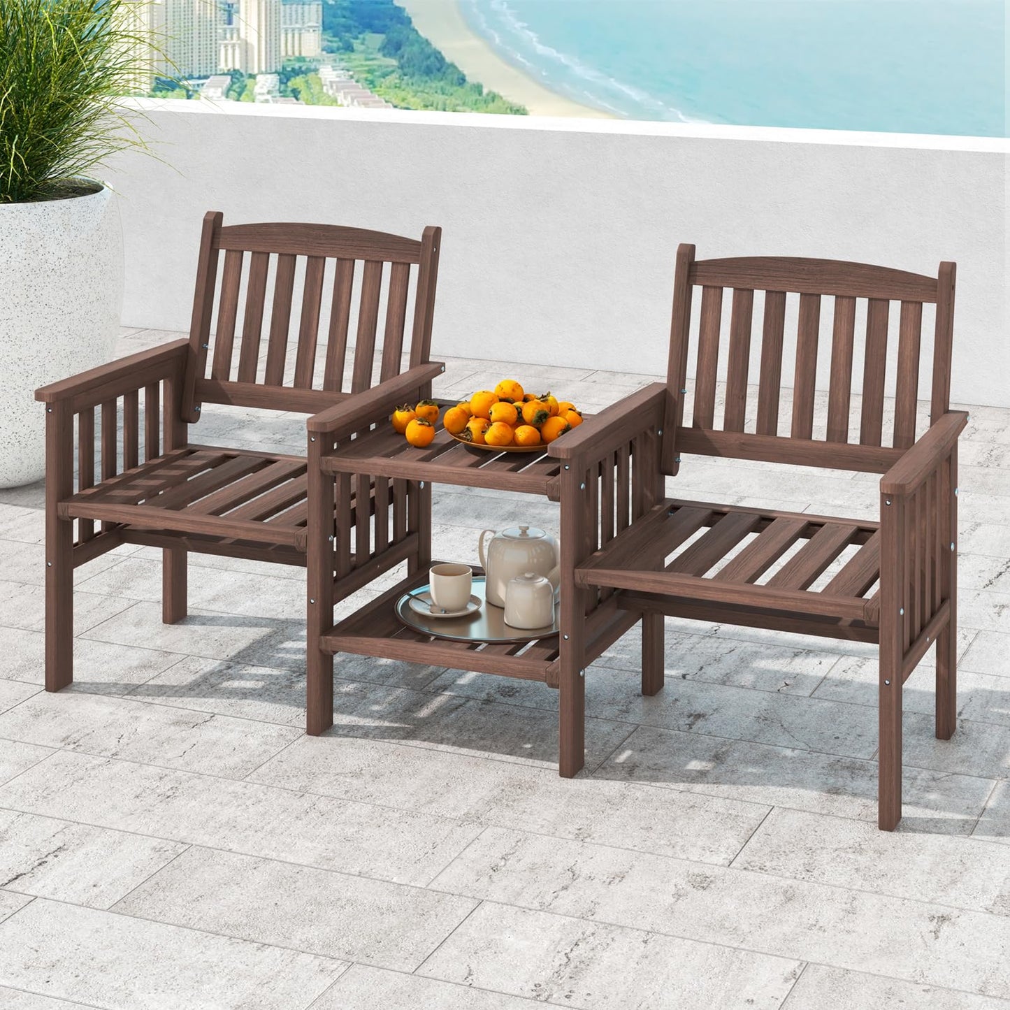 Tangkula Outdoor Fir Wood Loveseat with 2-Tier Side Table and Umbrella Hole