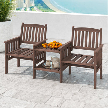 Tangkula Outdoor Fir Wood Loveseat with 2-Tier Side Table and Umbrella Hole