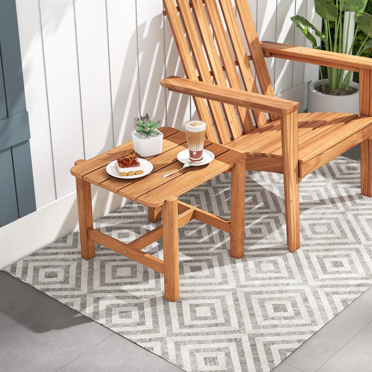 Tangkula Patio Teak Wood Side Table, Outdoor End Table with Slatted Tabletop