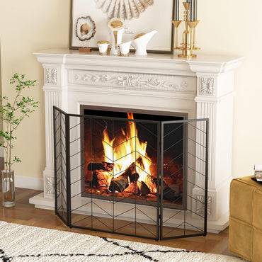 Tangkula 52 x 31 Inch Fireplace Screen, 3-Panel Folding Spark Guard w/Chevron Herringbone Pattern