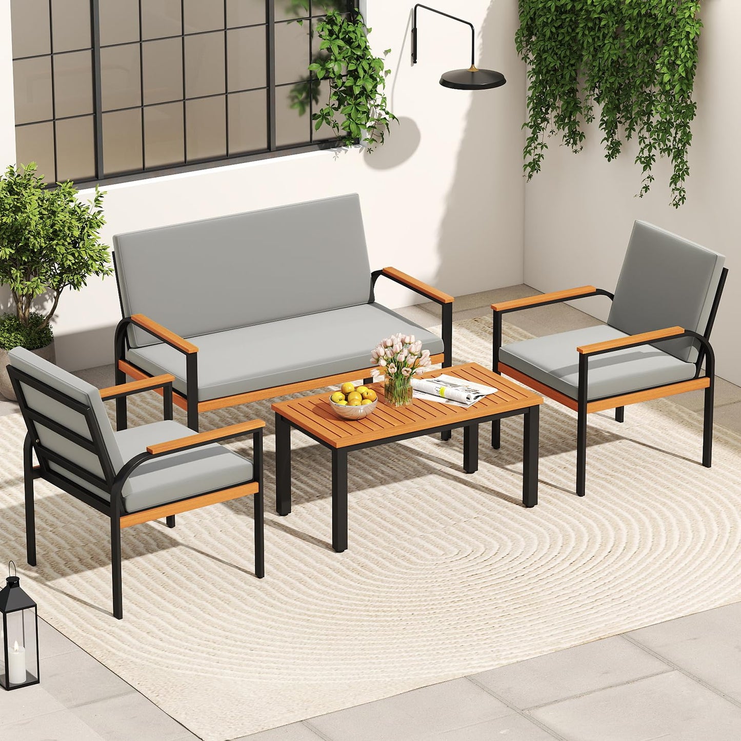 Tangkula Patio Furniture Set Outdoor Conversation Set with Acacia Wood Coffee Table