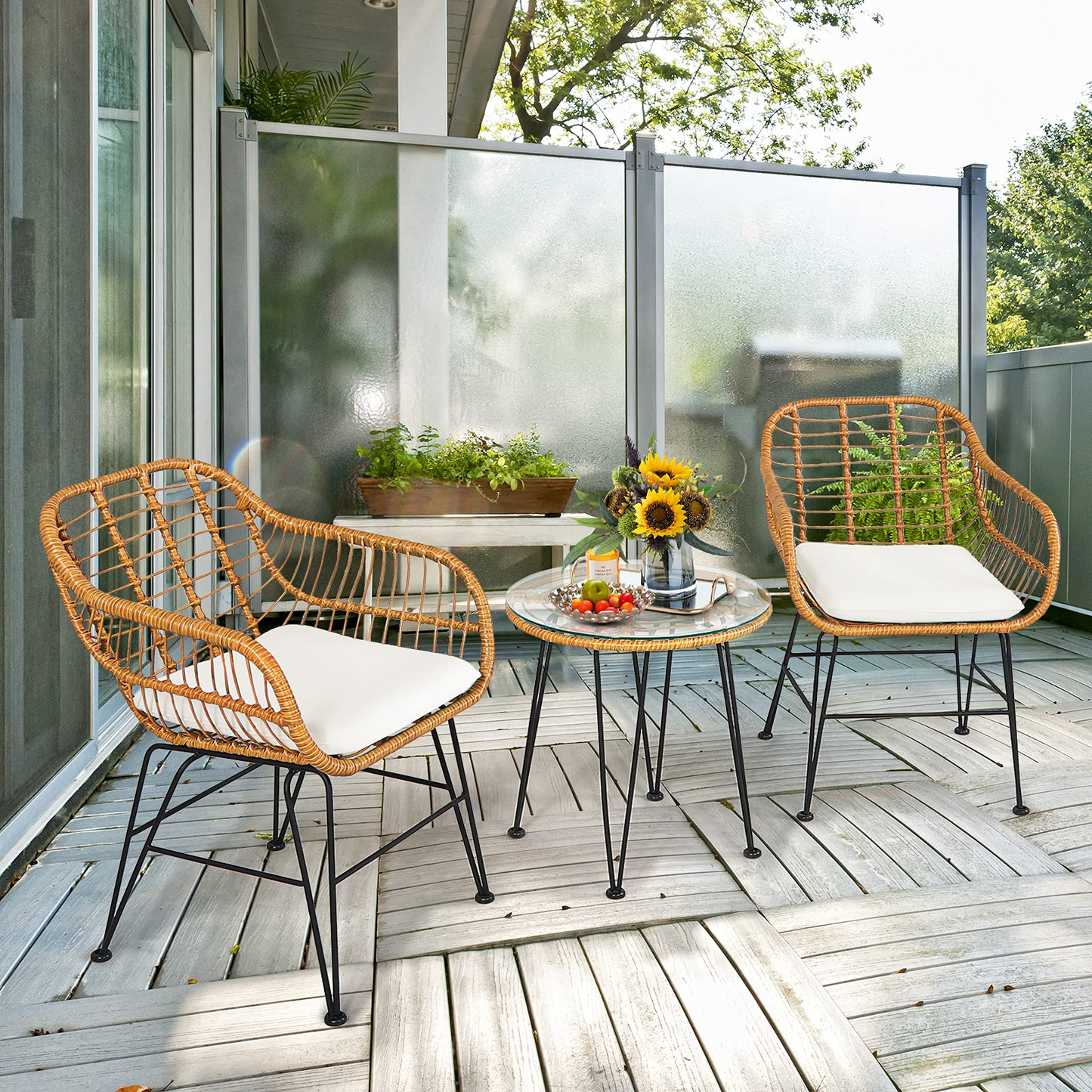 3 Pieces Patio Bistro Set, Rattan Conversation Set with 2 Cushioned Armchairs & Round Glass Coffee Table