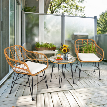 3 Pieces Patio Bistro Set, Rattan Conversation Set with 2 Cushioned Armchairs & Round Glass Coffee Table