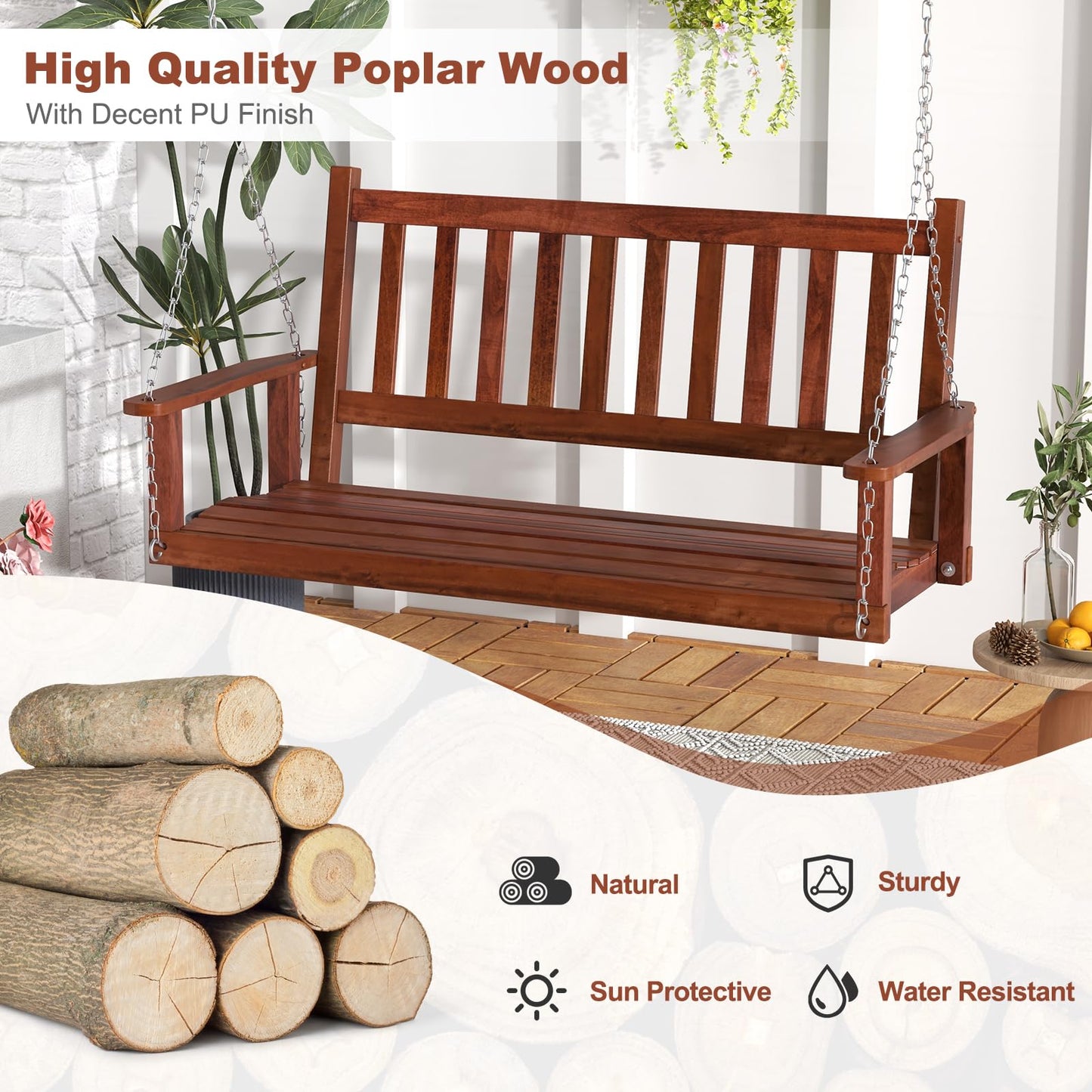 Tangkula 2/3 Person Wooden Porch Swing, Hanging Patio Swing with 2 Adjustable Galvanized Metal Chains
