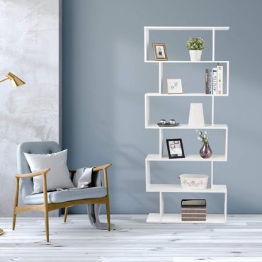 6 Shelf Bookcase, Modern S-Shaped Z-Shelf Style Bookshelf