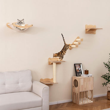 Tangkula Cat Wall Shelves, Wall Mounted 4pcs Kitten Furniture Set with Hammock