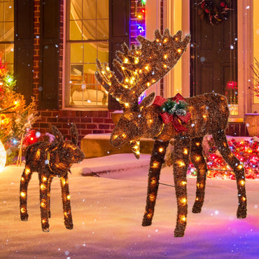 Tangkula 2-Piece Lighted Christmas Moose Family Set, Light-Up Reindeers with 170 Warm White LED Lights