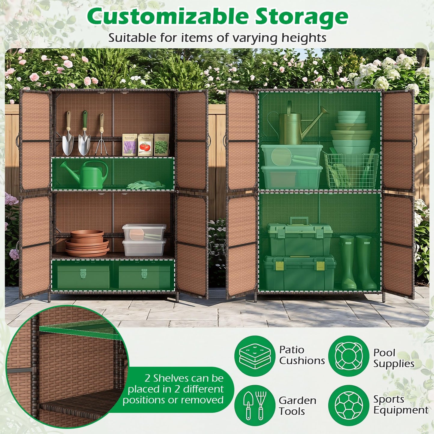 Tangkula Rattan Outdoor Storage Cabinet with 2 Adjustable Shelves