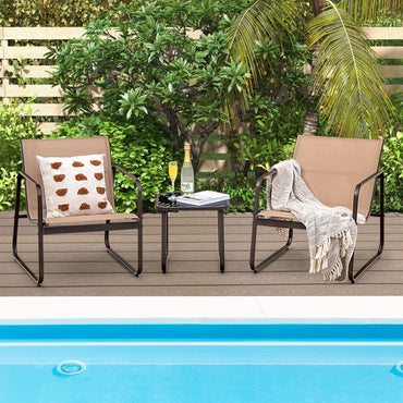 Tangkula 3 Pieces Patio Conversation Set, Outdoor Metal Chair & Table Set, Breathable Fabric & Tempered Glass Tabletop