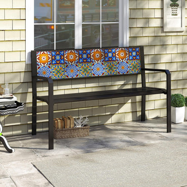 Tangkula 50 Inch Patio Metal Bench Slatted Loveseat for 2-3 People with Mosaic Backrest