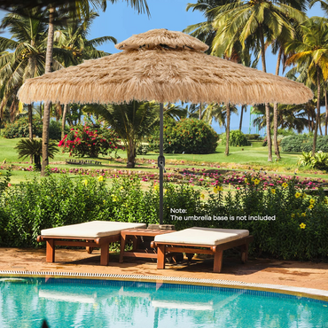 Tangkula 10 ft Thatched Patio Umbrella, 2 Tier Hawaiian Style Grass Beach Umbrella with 32 Led Lights