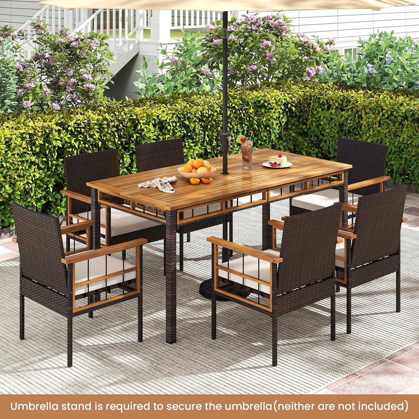 Tangkula Outdoor Acacia Wood Rectangular Table with 1.97” Umbrella Hole and Cushioned Chairs