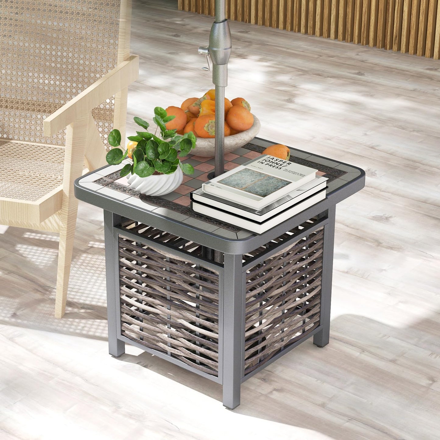 Tangkula 21.5 Inches Outdoor PE Rattan Side Table, All Weather Patio Square End Table with Resin Tabletop