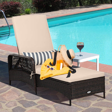 Tangkula Wicker Chaise Lounge Outdoor 6-Gear Adjustable Backrest