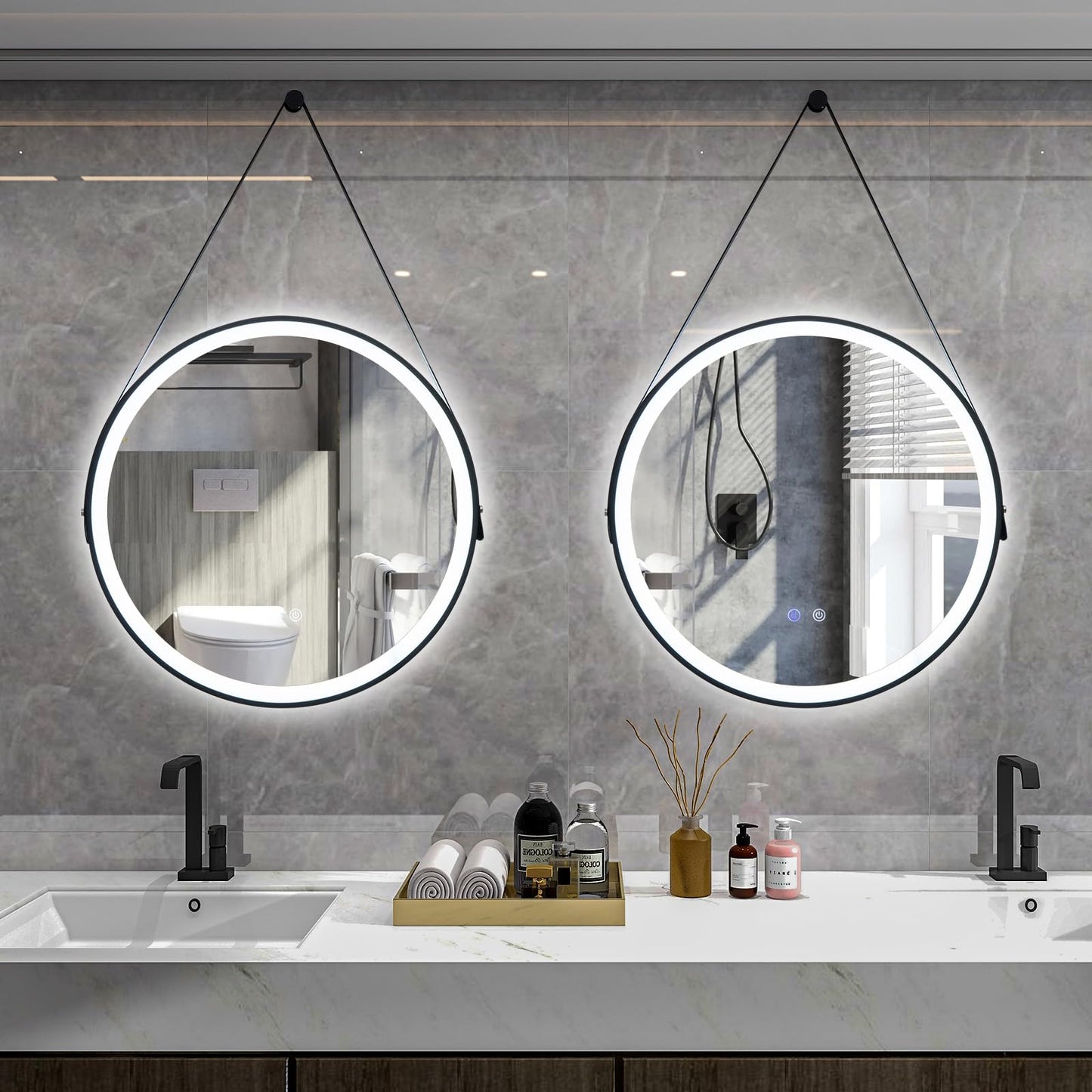 Tangkula 60CM Round LED Bathroom Mirror with Leather Strap