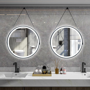 Tangkula 60CM Round LED Bathroom Mirror with Leather Strap