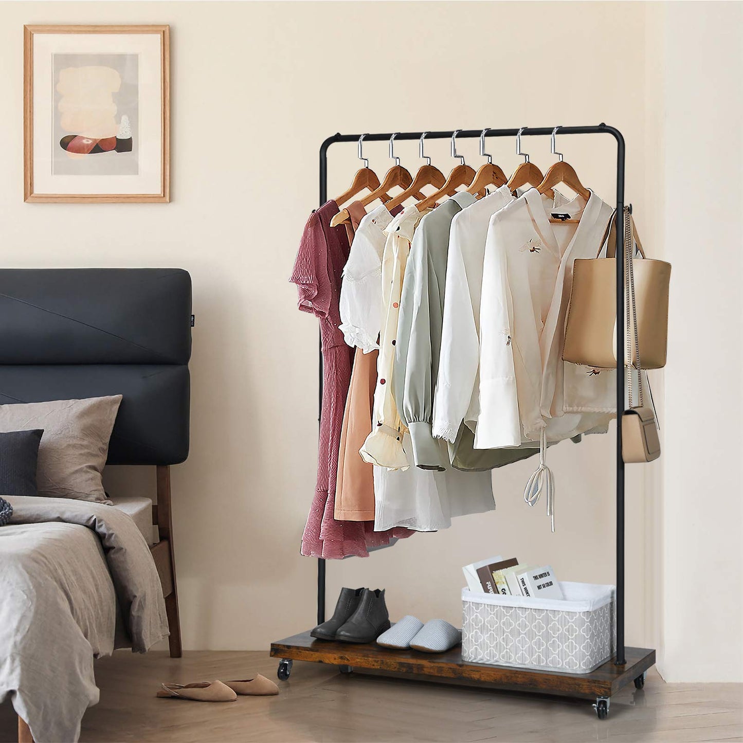 Tangkula Industrial Pipe Style Rolling Garment Rack Clothes Rack with Wood Shelf