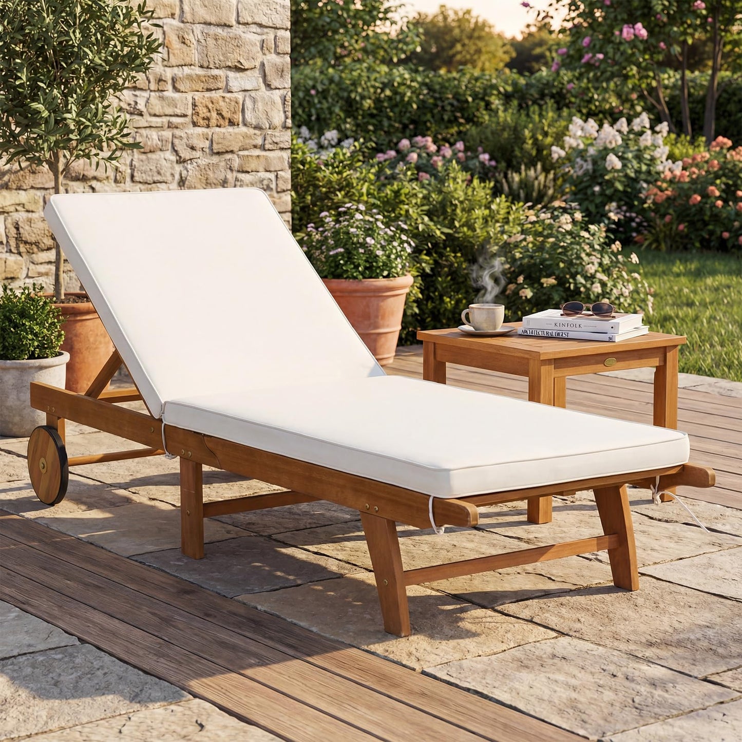 Tangkula Folding Patio Eucalyptus Wood Chaise Lounge with 5-Level Adjustable Backrest (1/2)