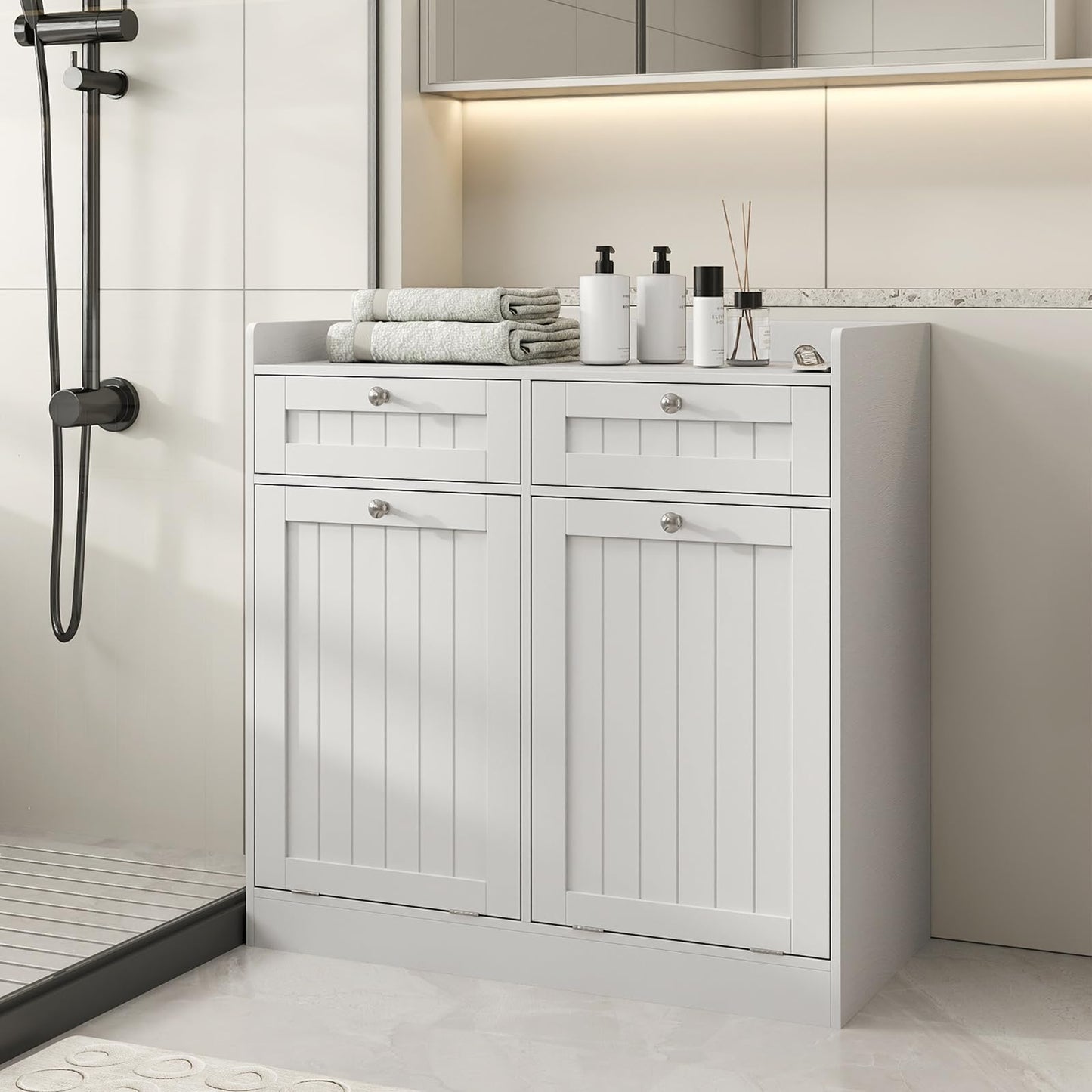 Tangkula Meuble de rangement double à bascule pour panier à linge, 80 cm de haut, pour salle de bain